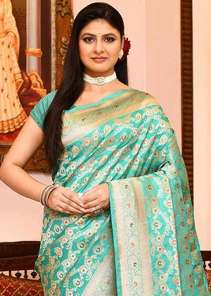 Sea Green Katan Silk Saree — Cut Work Booti