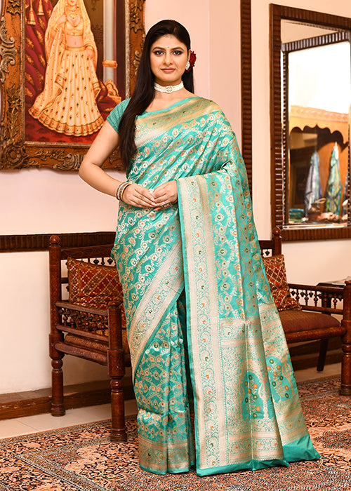 Sea Green Katan Silk Saree — Cut Work Booti