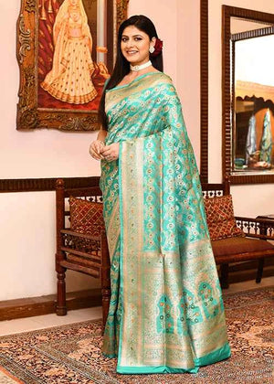 Sea Green Katan Silk Saree — Cut Work Booti