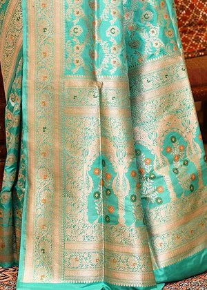 Sea Green Katan Silk Saree — Cut Work Booti