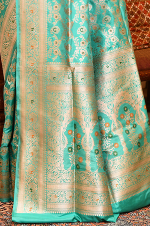 Sea Green Katan Silk Saree — Cut Work Booti