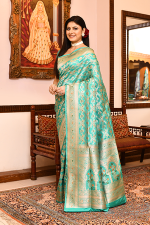 Sea Green Katan Silk Saree — Cut Work Booti