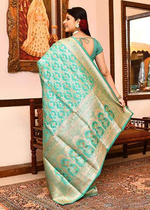Sea Green Katan Silk Saree — Cut Work Booti