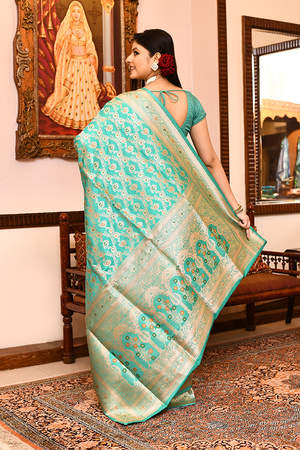 Sea Green Katan Silk Saree — Cut Work Booti