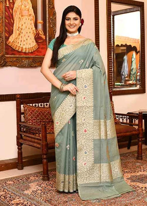 Powder Blue Kora Silk Saree — Kadwa Flower Boota
