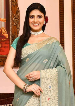 Powder Blue Kora Silk Saree — Kadwa Flower Boota