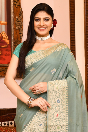 Powder Blue Kora Silk Saree — Kadwa Flower Boota