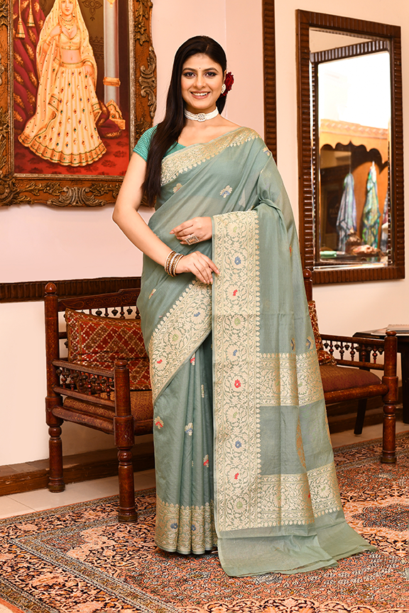 Powder Blue Kora Silk Saree — Kadwa Flower Boota