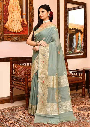 Powder Blue Kora Silk Saree — Kadwa Flower Boota