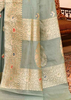 Powder Blue Kora Silk Saree — Kadwa Flower Boota