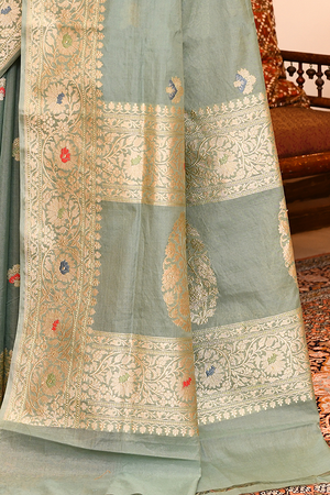 Powder Blue Kora Silk Saree — Kadwa Flower Boota