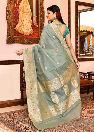 Powder Blue Kora Silk Saree — Kadwa Flower Boota