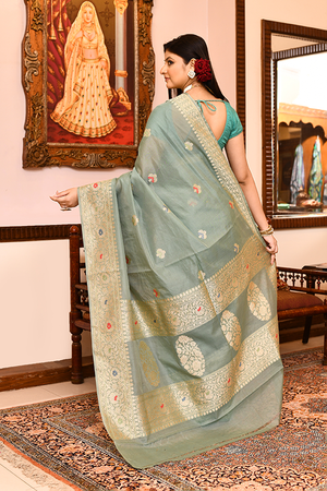 Powder Blue Kora Silk Saree — Kadwa Flower Boota