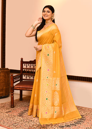 Yellow Kora Silk Saree — Kadwa Mango Booti