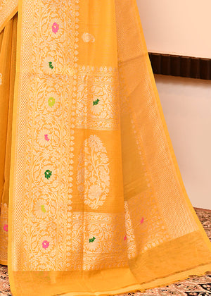 Yellow Kora Silk Saree — Kadwa Mango Booti