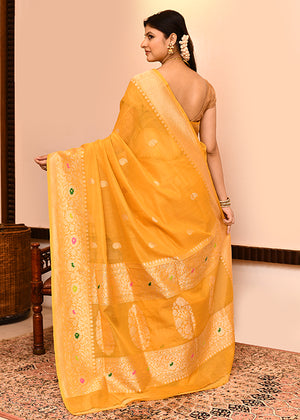 Yellow Kora Silk Saree — Kadwa Mango Booti