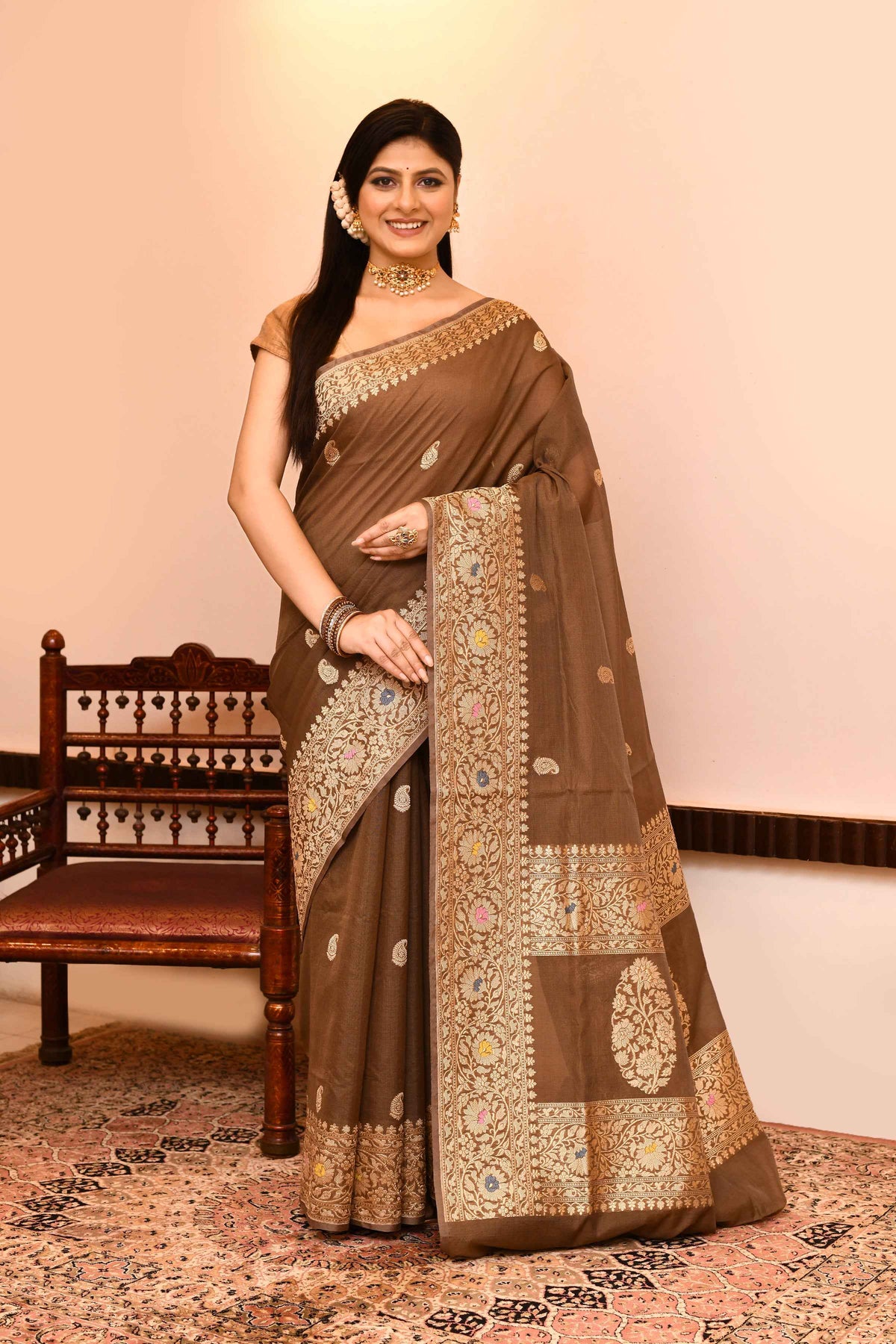 Brown Kora Silk Saree — Kadwa Mango Booti
