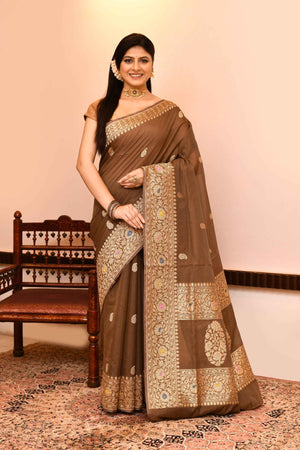 Brown Kora Silk Saree — Kadwa Mango Booti