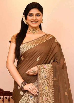 Brown Kora Silk Saree — Kadwa Mango Booti