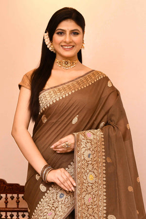 Brown Kora Silk Saree — Kadwa Mango Booti