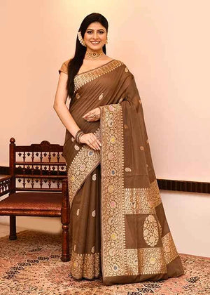 Brown Kora Silk Saree — Kadwa Mango Booti