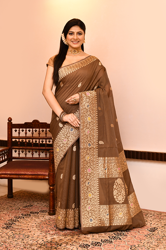 Brown Kora Silk Saree — Kadwa Mango Booti