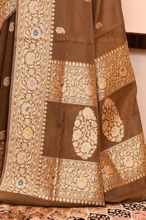 Brown Kora Silk Saree — Kadwa Mango Booti