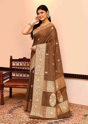 Brown Kora Silk Saree — Kadwa Mango Booti