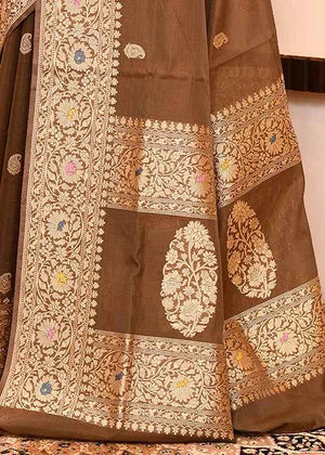 Brown Kora Silk Saree — Kadwa Mango Booti