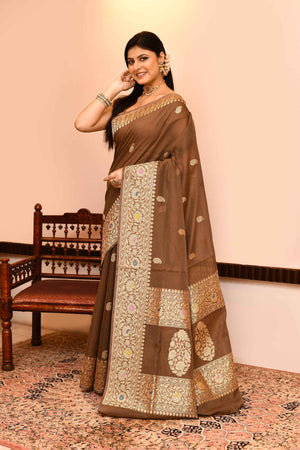 Brown Kora Silk Saree — Kadwa Mango Booti