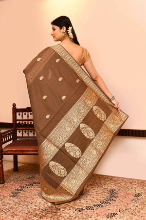 Brown Kora Silk Saree — Kadwa Mango Booti