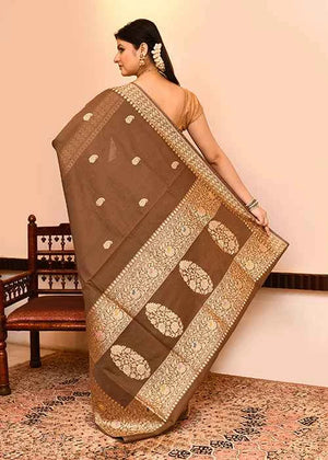 Brown Kora Silk Saree — Kadwa Mango Booti