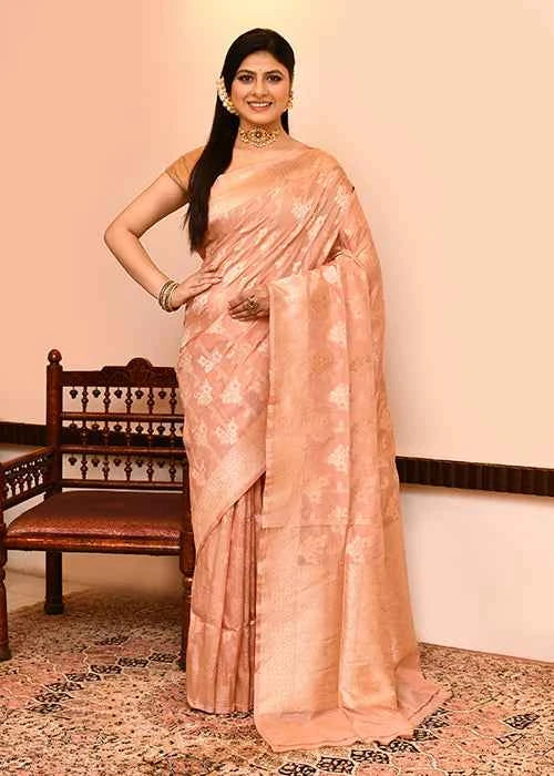 Peach Katan Silk Saree — Cut Work Booti