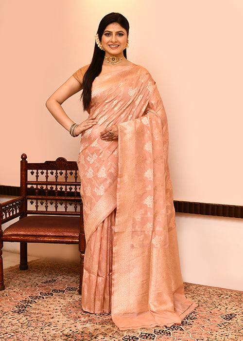 Peach Katan Silk Saree — Cut Work Booti