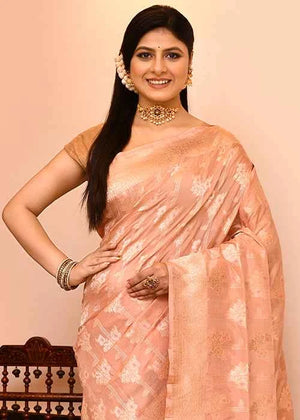 Peach Katan Silk Saree — Cut Work Booti