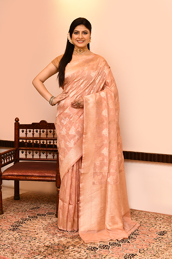 Peach Katan Silk Saree — Cut Work Booti