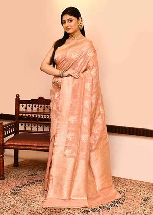 Peach Katan Silk Saree — Cut Work Booti