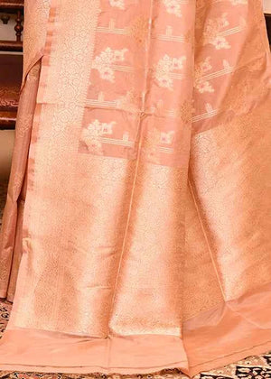 Peach Katan Silk Saree — Cut Work Booti