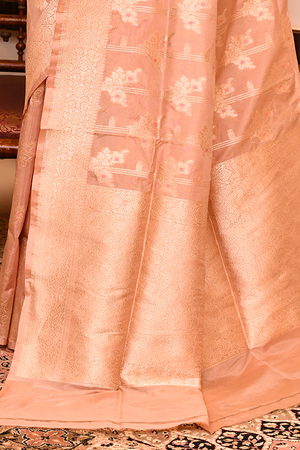 Peach Katan Silk Saree — Cut Work Booti