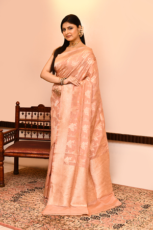 Peach Katan Silk Saree — Cut Work Booti
