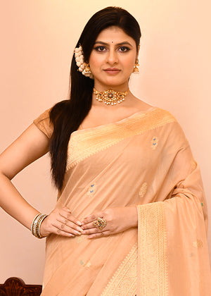 Light Peach Kora Silk Saree — Kadwa Booti Meena