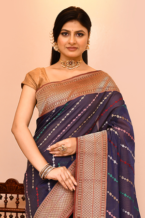 Blue Kora Silk Saree — Kadwa Aada Design