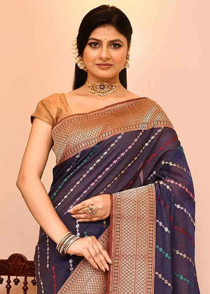 Blue Kora Silk Saree — Kadwa Aada Design