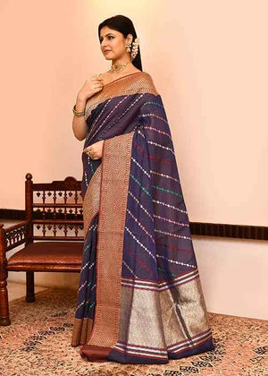 Blue Kora Silk Saree — Kadwa Aada Design