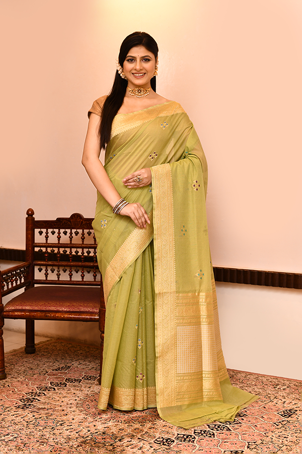 Mehendi Green Kora Silk Saree — Kadwa Flower Boota