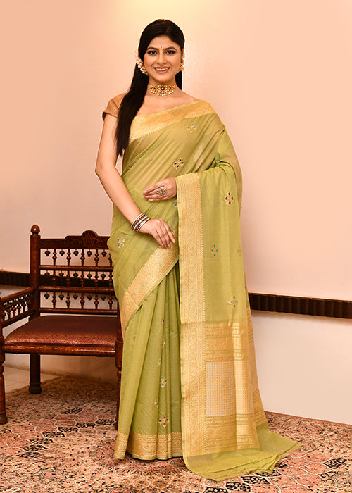 Mehendi Green Kora Silk Saree — Kadwa Flower Boota