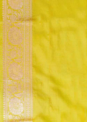Lemon Green Katan Silk Saree — Cut Work Booti