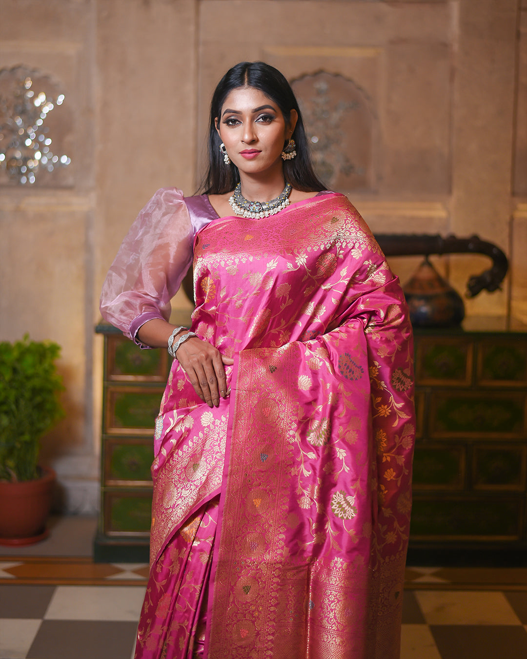 Pink Katan Pure Silk Handwoven Saree