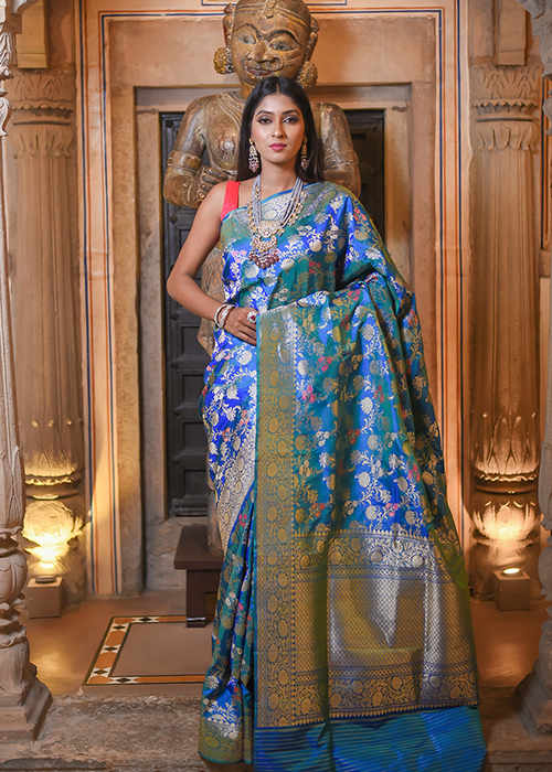 Peacock Color Katan Silk Saree - Kadwa Jaal