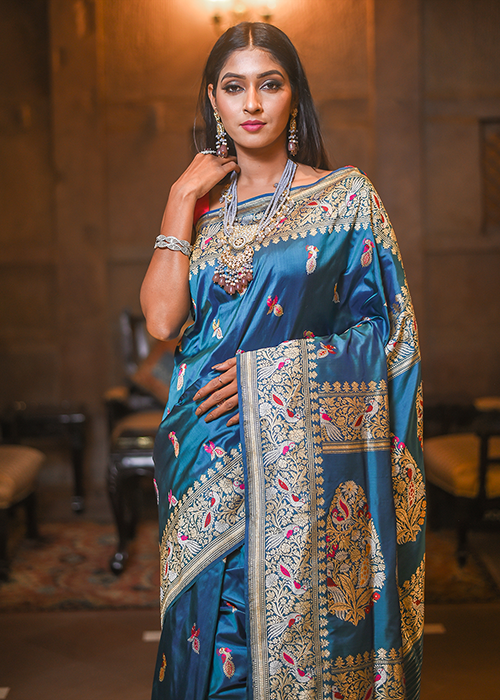 Peacock Color Katan Mulberry Silk Saree - Kadwa Bird Booti